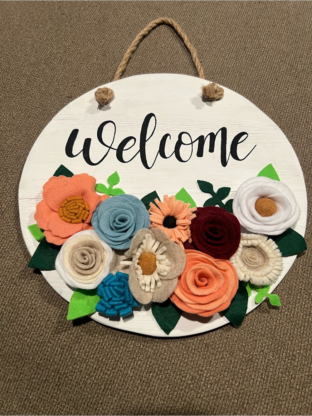 Welcome Floral Felt Wreath Sign - Multicolor Felt Flowers